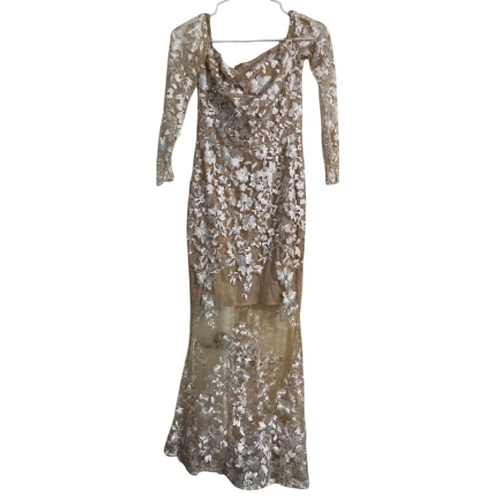 Gianni Bini‎ Floral Embroidered Gown Womens 0 Beige Excellent Off Shoulder Maxi